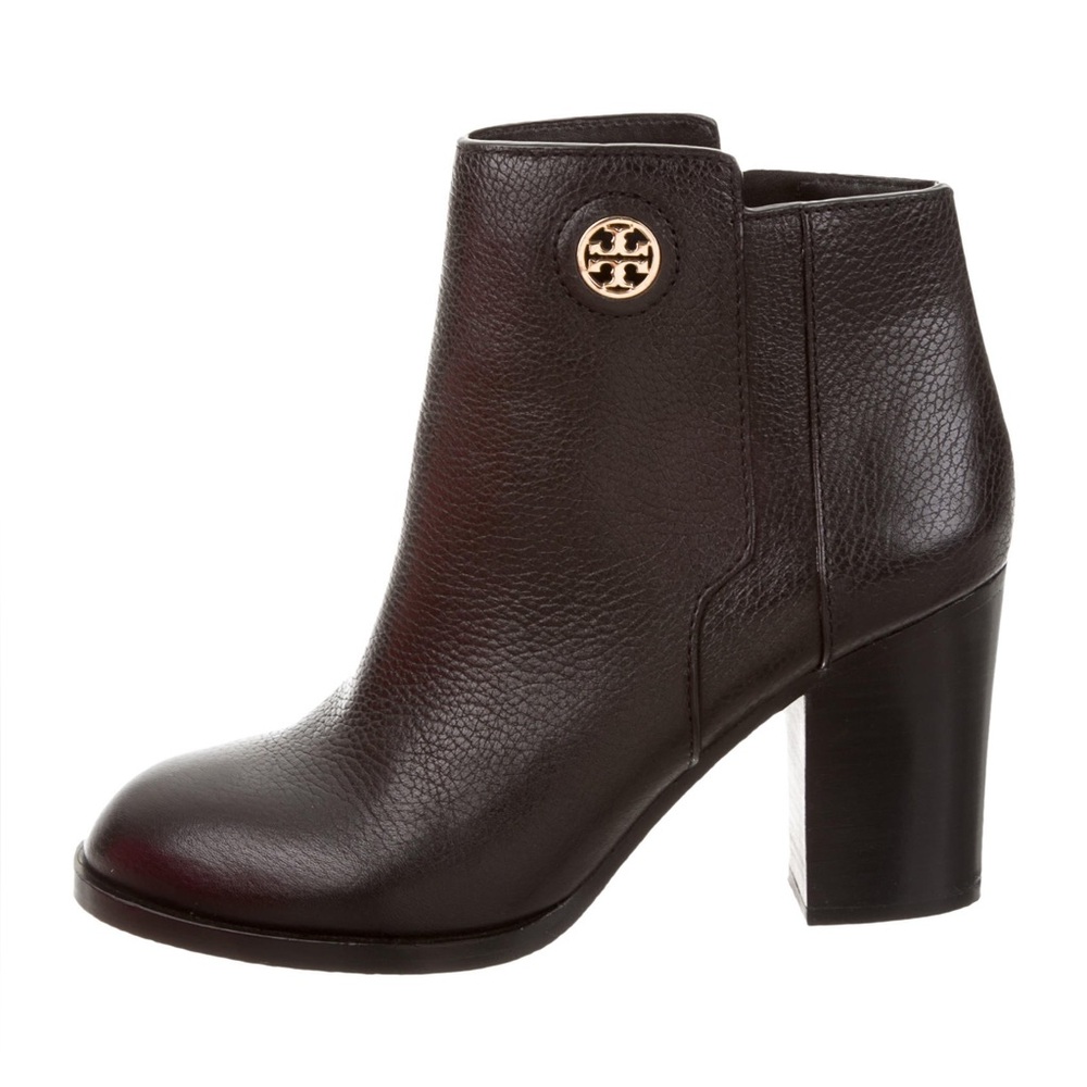 Tory Burch Junction Ankle Heel Boots Zip Moto Pebbled Leather Black Size 7